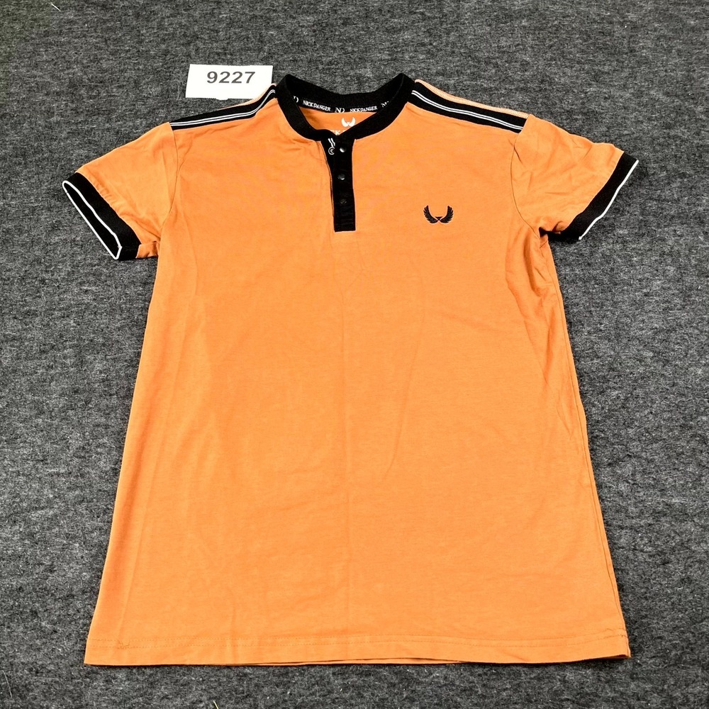 Nick Danger Snap Henley Polo Shirt Mens Small Orange Cotton Short Sleeve CasualN